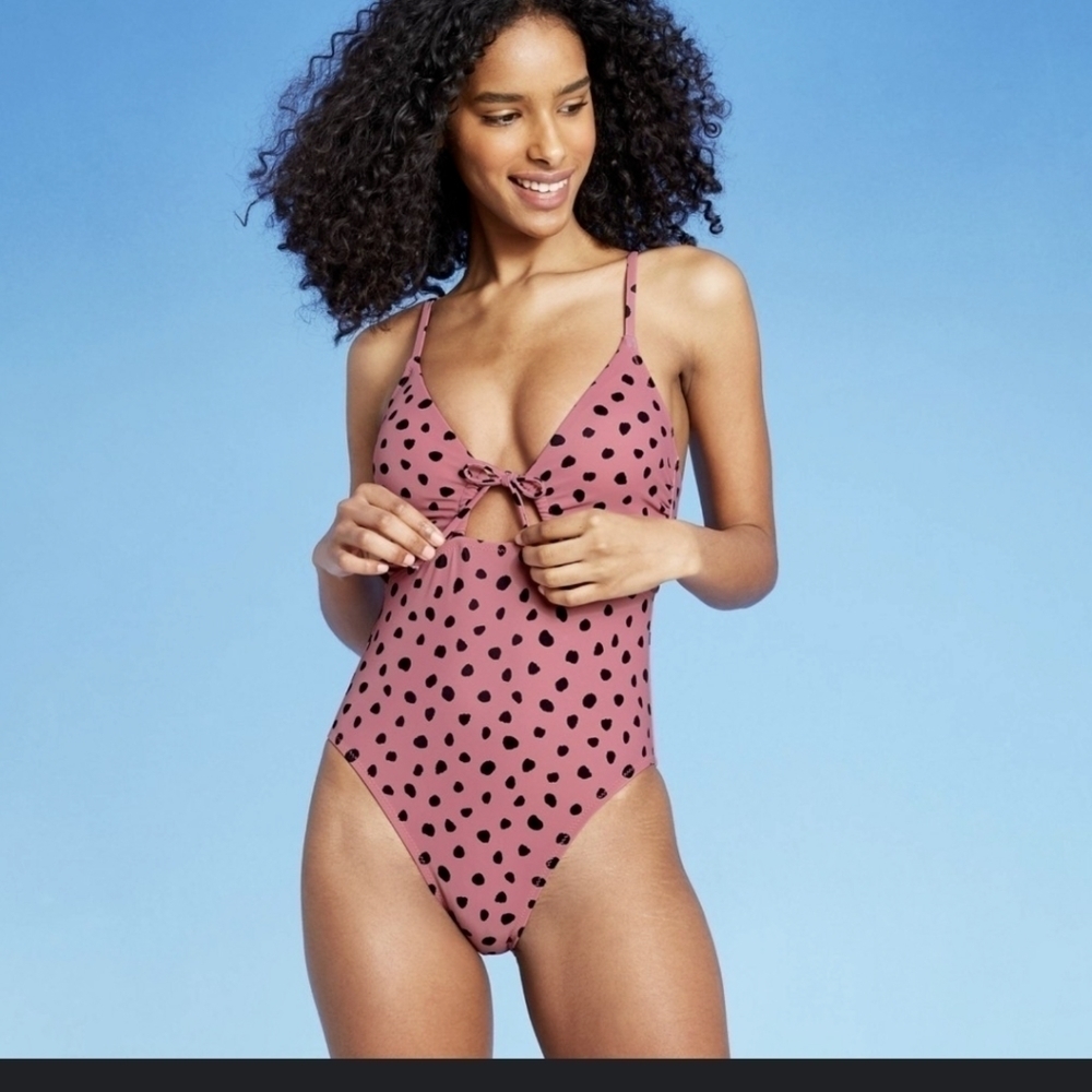 SHADE and Shore Pink Polka Dot Keyhole One piece Bathing Suit L
